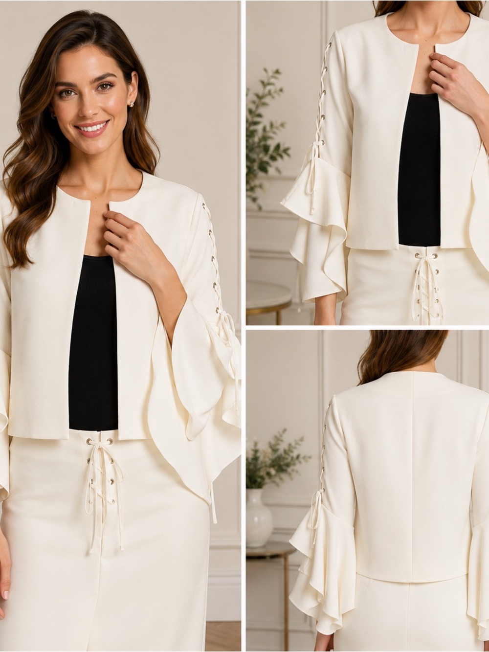 Ivory Lace-Up Ruffle Sleeve Jacket